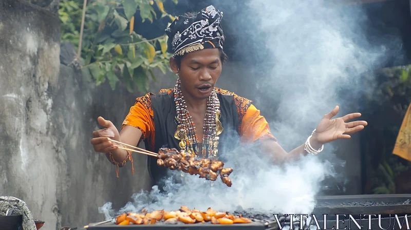 Man Grilling Satay in Traditional Attire AI Image
