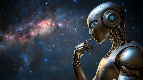 AI Robot Gazing at Galaxy