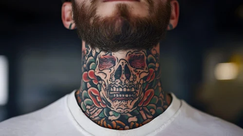 Skull and Floral Tattoo on Neck