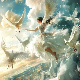 Woman and Birds in Flight