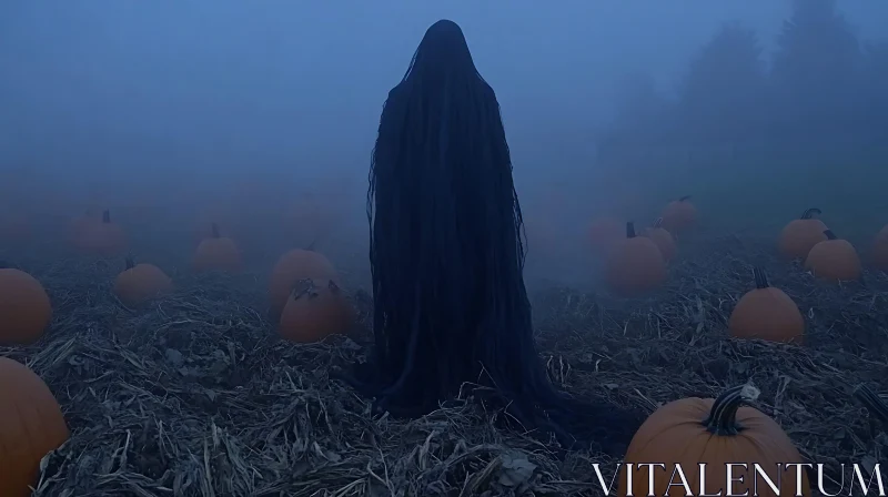 Foggy Pumpkin Patch with Dark Figure