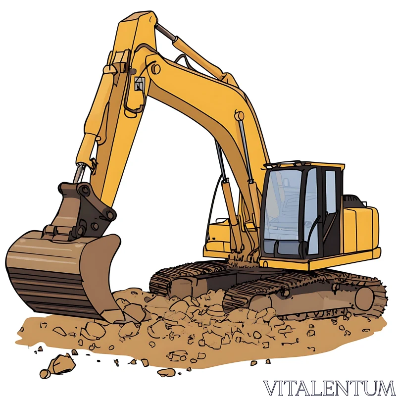 Yellow Excavator Digging Rocks Cartoon Style