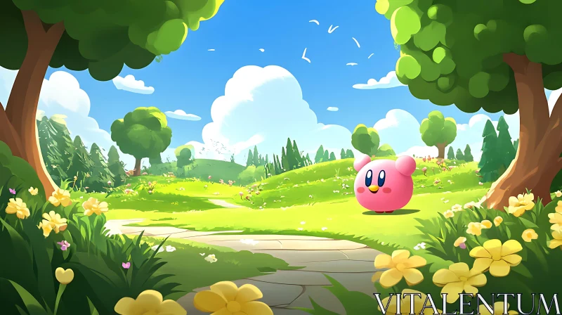 Pink Character in Green Field
