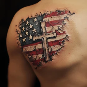 Distressed USA Flag and Cross Back Tattoo