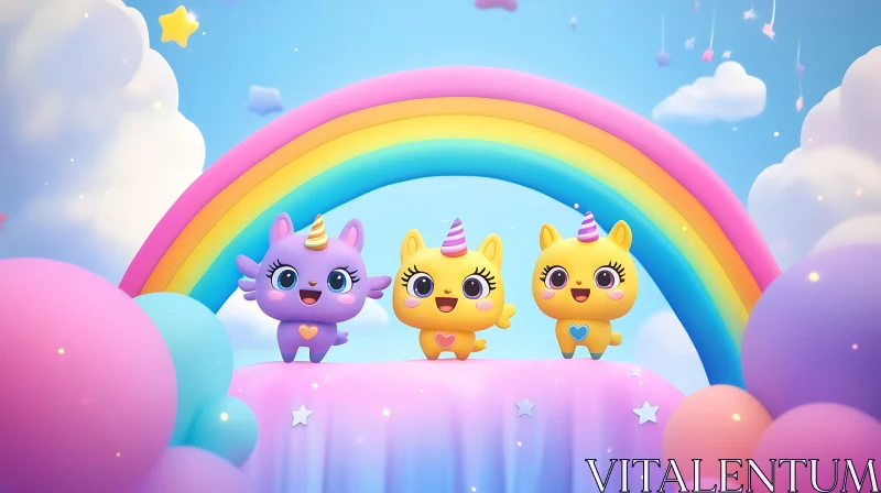 Whimsical Unicorn-Cats Under Rainbow Arch