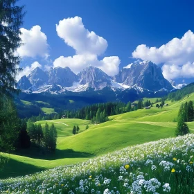 Idyllic Mountain Scene with Green Fields