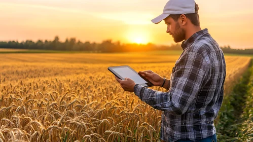 Golden Wheat Field with Farmer Using Tablet