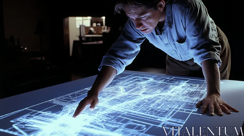 Man Analyzing Glowing Blueprint on Table