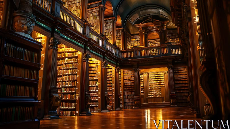 Majestic Library Hall with Polished Wood Floor