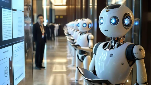 Line of AI Robots Holding Tablets