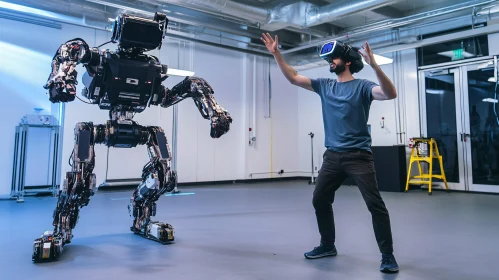 Man Controls Robot with VR Headset