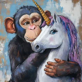 Whimsical Embrace: Monkey and Unicorn