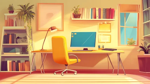 Sunlit Workspace with Desk and Bookshelves