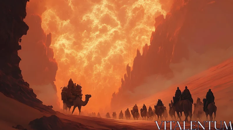 Camels Crossing Desert with Orange Sky