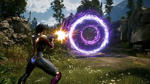 Futuristic Warrior Engages Energy Anomaly