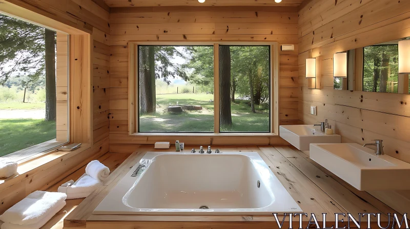 Wooden Interior Bathroom with Bathtub AI Image