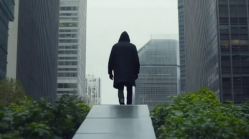 Hooded Figure in Urban Landscape