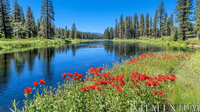 Tranquil River Surrounded by Pine Trees and Wildflowers