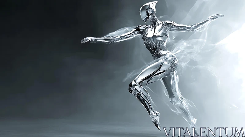Agile Silver Cyborg Moving in Smoky Background
