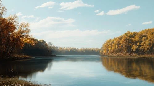 Golden Autumn Trees by the Calm Lakeside