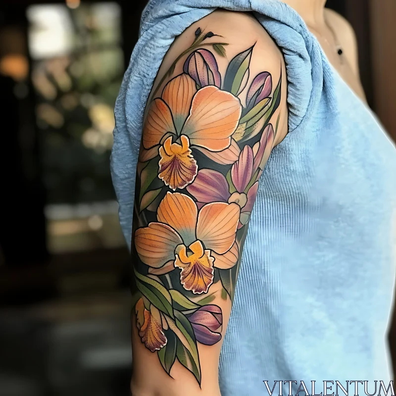 Detailed Orchid and Leaf Arm Tattoo Design