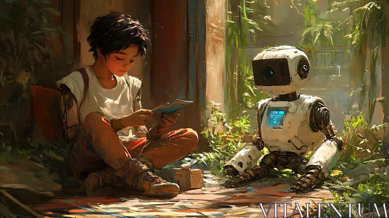 A Boy Reading with Robot Friend
