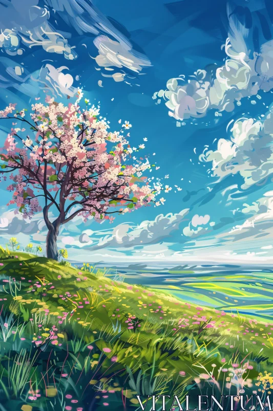 Cherry Blossoms on a Hillside AI Image