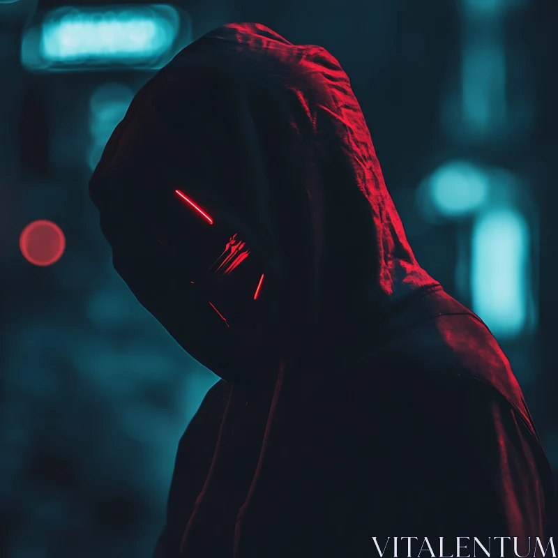 Hooded Figure with Red Neon Mask