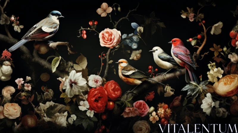 Classical Mural Style Artwork of Birds Amidst Exotic Flora AI Image