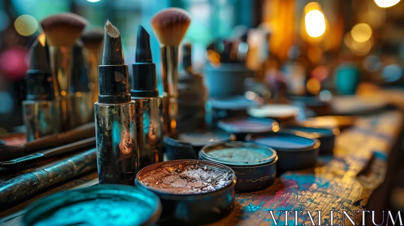 Close-up of a Make-up Artist's Kit: Lipsticks, Eyeshadows, Brushes AI Image