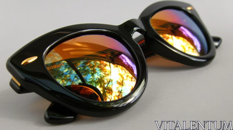 Close-up of Black Sunglasses with Gold Frame - Reflecting Colorful Pattern AI Image