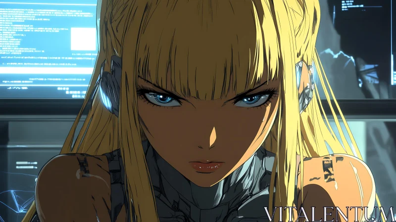 Futuristic Anime Cyborg Woman with Digital Background