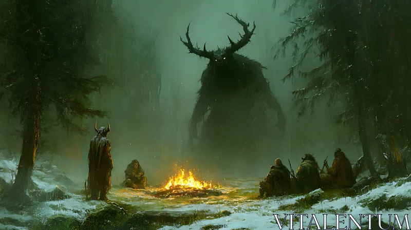 Misty Forest Ritual Under Watchful Gaze