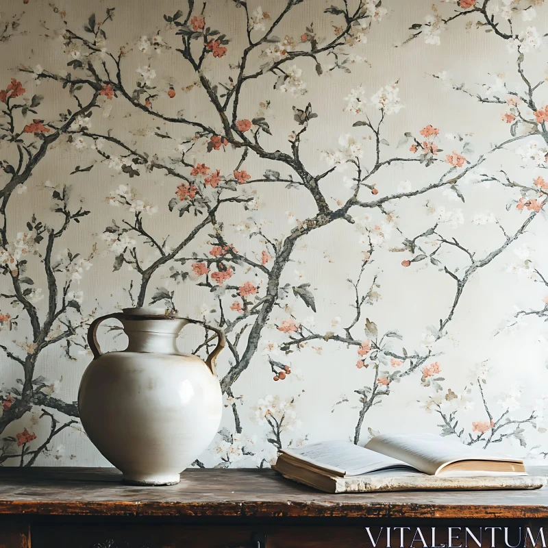 Vintage Still Life with Floral Wallpaper
