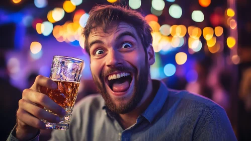 Man's Exuberant Celebration with Beer
