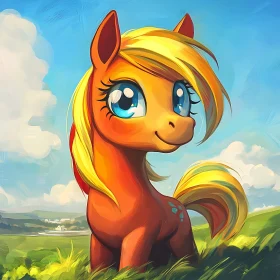 Animated Pony Portrait in Grassy Field