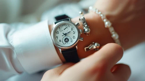 Elegant Silver Watch and Pearl Bracelet on a Woman's Wrist