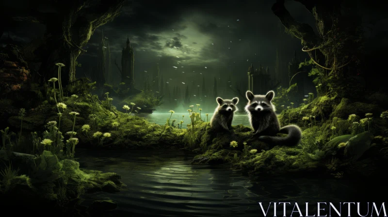 Enchanting Woodland Scene with Animals Under Starry Sky AI Image