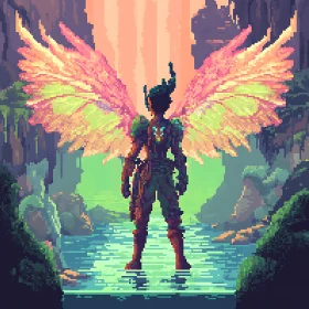 Pixelated Winged Figure in Nature