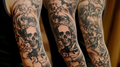 Realistic Skull and Floral Arm Tattoo