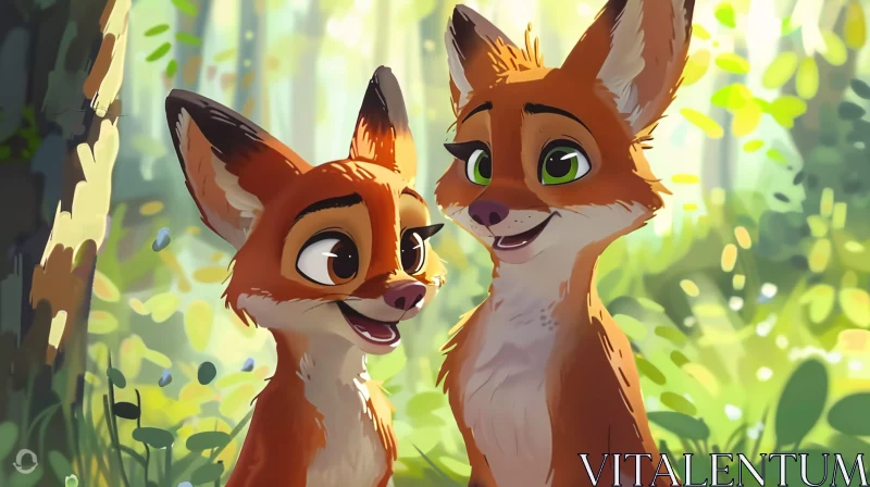 Cartoon Foxes in Sunny Woods