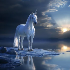 White Unicorn Standing near Calm Lake