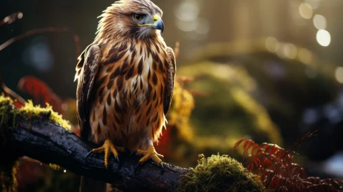 Golden Hawk Resting on Mossy Branch in Forest