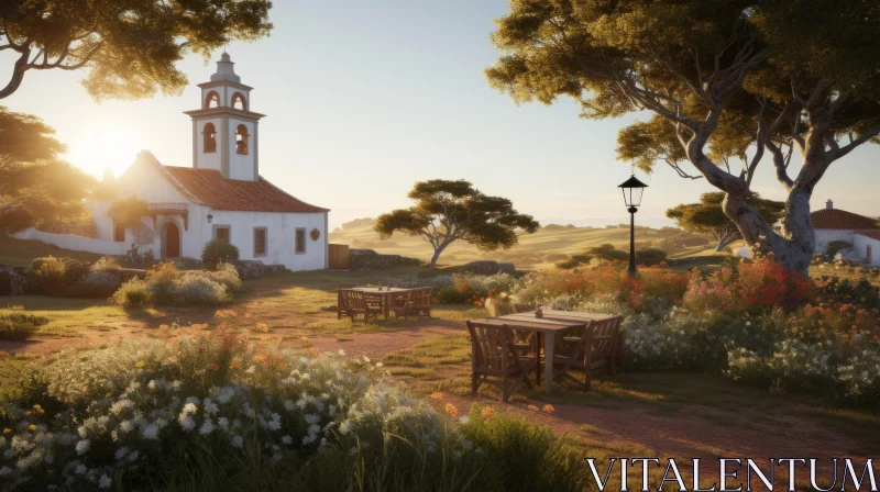 Lively Coastal Landscape: Old Church and Benches in the Countryside AI Image