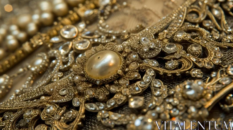 Luxurious Gold and Silver Embroidered Fabric with Pearls and Diamonds AI Image