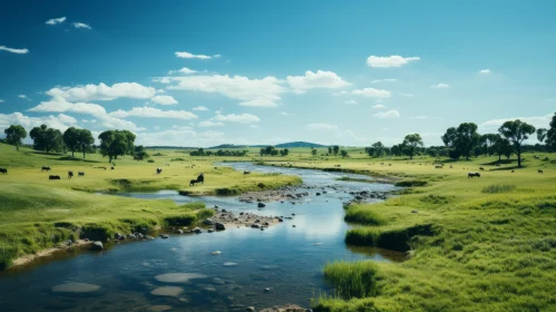 Tranquil River Flowing Through Green Meadow: Pastoral Imagery