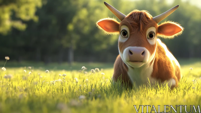 Whimsical Cow Portrait in Grassy Field AI Image