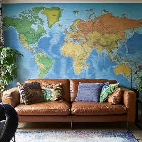 Brown Sofa with World Map Backdrop