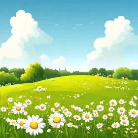 Serene Meadow with Daisies and Clouds