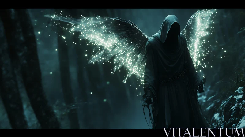 AI ART Winged Figure in Shadowy Woods